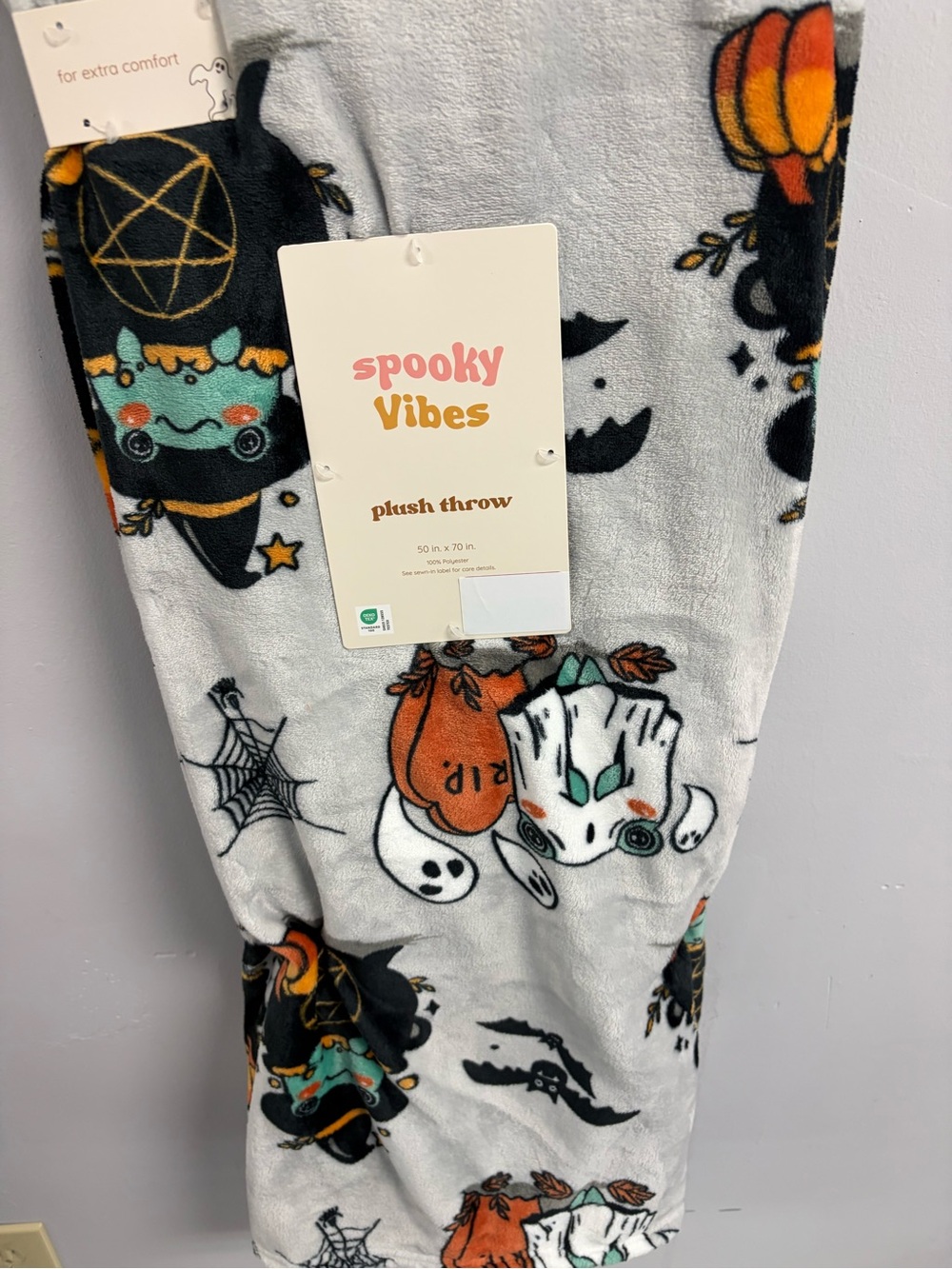 Spooky Vibes Plush Throw - frog Gray with Orange, Black & Teal Halloween Print